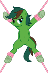 Size: 3005x4619 | Tagged: safe, artist:equestria secret guard, oc, oc only, oc:windy barebow evergreen, pegasus, pony, armpits, bedroom eyes, belly button, bondage, featureless crotch, female, happy, happy bondage, helpless, looking at you, lying down, mare, pegasus oc, rope, rope bondage, sexy, show accurate, simple background, solo, spread eagle, spread legs, spreading, tied up, transparent background