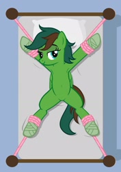 Size: 1536x2166 | Tagged: safe, artist:equestria secret guard, oc, oc only, oc:windy barebow evergreen, pegasus, pony, armpits, bed, bedroom eyes, belly button, bondage, featureless crotch, female, happy, happy bondage, helpless, looking at you, lying down, mare, on bed, pegasus oc, rope, rope bondage, sexy, show accurate, simple background, solo, spread eagle, spread legs, spreading, tied to bed, tied up