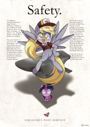 Size: 4500x6364 | Tagged: safe, artist:theratedrshimmer, derpy hooves, twilight sparkle, pegasus, pony, unicorn, g4, '90s, absurd resolution, advertisement, anvil, cute, derpabetes, female, grammar error, happy, hat, irony, looking at you, mailmare, mailmare hat, mailmare uniform, retro, shocked, this will end in pain, twiabetes, unicorn twilight, vintage