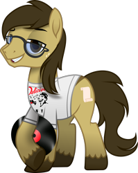Size: 2031x2556 | Tagged: safe, artist:php178, derpibooru exclusive, oc, oc only, oc:bay mac, earth pony, pony, 2023 community collab, derpibooru community collaboration, the parent map, .svg available, brown mane, brown tail, clothes, colored pupils, crossed legs, design, earth pony oc, glasses, high res, holding, hoof heart, looking at you, male, movie accurate, record, scroll, shirt, shirt design, simple background, smiling, smiling at you, smug, solo, stallion, stallion oc, stripe, svg, t-shirt, tail, transparent background, underhoof, unshorn fetlocks, vector