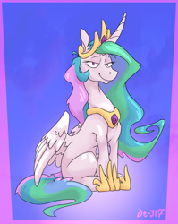 Size: 1158x1458 | Tagged: safe, artist:danton-y17, princess celestia, alicorn, pony, g4, abstract background, bedroom eyes, jewelry, regalia, sitting, smiling, solo