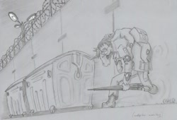 Size: 1000x681 | Tagged: safe, artist:adeptus-monitus, oc, human, pony, unicorn, monochrome, traditional art, umbrella, wall