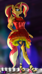 Size: 2160x3840 | Tagged: safe, artist:shadowboltsfm, sunset shimmer, anthro, plantigrade anthro, 3d, beautiful, blender, breasts, clothes, dress, eyeshadow, feet, female, hand on hip, high heels, high res, lipstick, makeup, not sfm, shoes, solo