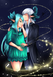 Size: 1600x2332 | Tagged: safe, artist:raydhen, artist:sakurafaith, queen chrysalis, oc, oc:king ao, elf, humanoid, anthro, g4, canon x oc, clothes, colored, couple, elf ears, eyes closed, forehead kiss, hand on belly, hand on cheek, hand on shoulder, jewelry, kissing, long hair, nightgown, pants, pregnant, ring, sketch, smiling, sparkles, wedding ring, wholesome