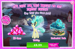Size: 1956x1297 | Tagged: safe, gameloft, twirly, breezie, g4, my little pony: magic princess, advertisement, ambiguous gender, antennae, bush, costs real money, enchanted, english, eyelashes, gem, insect wings, introduction card, mushroom, numbers, sale, solo, spread wings, text, tree, wings