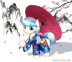 Size: 1736x1491 | Tagged: safe, artist:vinilyart, coco pommel, earth pony, pony, g4, cherry blossoms, clothes, cocobetes, cute, female, flower, flower blossom, holding, kimono (clothing), mare, mountain, pagoda, scenery, simple background, smiling, solo, umbrella, white background
