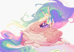 Size: 2400x1700 | Tagged: safe, artist:yuyusunshine, princess celestia, twilight sparkle, alicorn, pony, g4, duo, duo female, eyebrows, eyebrows visible through hair, female, high res, lying down, mare, momlestia, prone, shadow, signature, simple background, smiling, white background