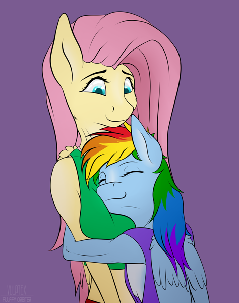 2996950 - safe, artist:fluffyorbiter, fluttershy, rainbow dash, pegasus,  anthro, g4, big breasts, braless, breast pillow, breast squish, breasts,  busty fluttershy, clothes, comfy, delicious flat chest, duo, duo female,  female, grin, height difference