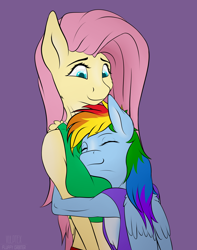Size: 2388x3024 | Tagged: safe, artist:fluffyorbiter, fluttershy, rainbow dash, pegasus, anthro, g4, big breasts, braless, breast pillow, breast squish, breasts, busty fluttershy, clothes, comfy, delicious flat chest, duo, duo female, female, grin, height difference, high res, hug, lesbian, looking down, muscles, purple background, rainbow flat, rainbuff dash, ship:flutterdash, shipping, shirt, simple background, size difference, smiling, smoldash, smothering, squishy, tallershy, undershirt