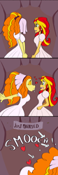 Size: 2000x6000 | Tagged: safe, artist:shippart, adagio dazzle, sunset shimmer, human, equestria girls, g4, 3 panel comic, big lips, clothes, comic, dress, female, forced kiss, forced shipping, heart, kissing, kissy face, lesbian, looking at someone, marriage, one sided shipping, open mouth, ship:sunsagio, shipping, smooch, wedding, wedding dress, wedding veil