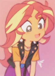 Size: 735x1024 | Tagged: safe, artist:makaryo, sunset shimmer, human, equestria girls, g4, belt, clothes, cute, female, jacket, leather, leather jacket, open mouth, pink background, shimmerbetes, shirt, simple background, skirt, solo, t-shirt