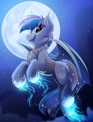 Size: 1900x2500 | Tagged: safe, artist:starcasteclipse, oc, oc only, bat pony, pony, commission, flying, glowing, glowing hooves, harness, jingle bells, moon, smiling, solo, tack, ych result