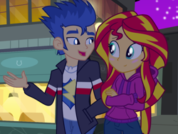 Size: 1024x768 | Tagged: safe, artist:bluemario11, flash sentry, sunset shimmer, human, equestria girls, g4, blushing, female, looking at each other, looking at someone, male, ship:flashimmer, shipping, smiling, straight