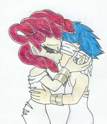 Size: 349x406 | Tagged: safe, artist:rogelis, flash sentry, sunset shimmer, human, equestria girls, g4, female, greek mythology, kiss on the lips, kissing, male, medusa, ship:flashimmer, shipping, straight