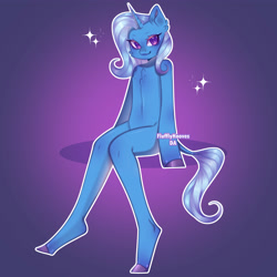 Size: 4000x4000 | Tagged: safe, artist:flufflyhooves, trixie, unicorn, anthro, semi-anthro, unguligrade anthro, g4, arm hooves, blushing, chest fluff, female, sitting, solo