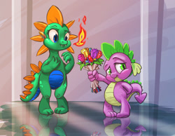 Size: 1712x1329 | Tagged: safe, artist:harwick, spike, oc, oc:emziko, dragon, bouquet of flowers, canon x oc, closed mouth, crystal flower, dragon oc, dragonfire, duo, duo male and female, eyes open, fangs, female, fire, fire breath, flower, gem, male, non-pony oc, reflection, shipping, spiko, straight