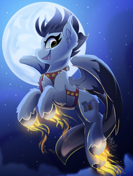 Size: 1900x2500 | Tagged: safe, artist:starcasteclipse, oc, oc only, oc:athena knight, pegasus, pony, commission, female, flying, glowing, glowing hooves, harness, jingle bells, mare, moon, night, smiling, solo, stars, tack, wings, ych result