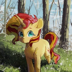 Size: 2048x2048 | Tagged: safe, artist:lendftcn, sunset shimmer, pony, unicorn, g4, cute, female, grass, high res, looking at you, mare, nature, shimmerbetes, solo, tree