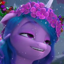 Size: 850x850 | Tagged: safe, screencap, izzy moonbow, pony, unicorn, g5, my little pony: make your mark, my little pony: make your mark chapter 3, winter wishday, spoiler:g5, spoiler:winter wishday, cropped, female, floral head wreath, flower, mare, snow, snowfall, solo