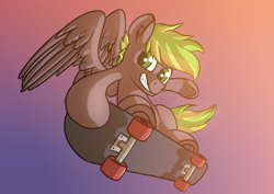 Size: 1920x1358 | Tagged: safe, artist:ebunix, oc, oc only, oc:lightflare, pegasus, pony, airborne, grin, male, pegasus oc, simple background, skateboard, smiling, solo, spread wings, stallion, wings