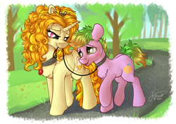 Size: 4093x2894 | Tagged: safe, artist:julunis14, adagio dazzle, oc, oc:peach cobbler, earth pony, pony, unicorn, comic:we will be adored, g4, canon x oc, collar, cute, duo, female, leash, male, park, path, pet play, ponified, ponified siren, straight, submissive, tree