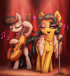 Size: 2330x2530 | Tagged: safe, artist:t72b, cleopatra jazz, octavia melody, earth pony, pony, g4, bedroom eyes, bipedal, bowtie, cello, duo, duo female, ear piercing, earring, eyes closed, eyeshadow, feather boa, female, high res, hoof hold, jewelry, makeup, mare, microphone, music notes, musical instrument, necklace, one eye closed, piercing, singing, spotlight, wink