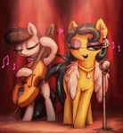Size: 2330x2530 | Tagged: safe, artist:t72b, cleopatra jazz, octavia melody, earth pony, pony, bedroom eyes, bipedal, bowtie, cello, ear piercing, earring, eyes closed, eyeshadow, feather boa, female, hoof hold, jewelry, makeup, mare, microphone, music notes, musical instrument, necklace, one eye closed, piercing, singing, spotlight, wink