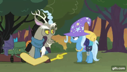 Size: 640x360 | Tagged: safe, screencap, discord, trixie, draconequus, pony, unicorn, g4, season 6, to where and back again, animated, backpack, clothes, female, gif, gifs.com, hat, male, mare, scarf, self paradox, self ponidox, surprised, tree, trixie's hat