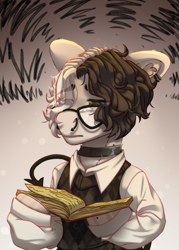 Size: 2500x3500 | Tagged: safe, artist:medkit, oc, oc only, earth pony, pony, birthmark, book, choker, clothes, devil tail, ear piercing, glasses, gradient background, half-open eyes, high res, lidded eyes, male, nose piercing, paint tool sai 2, piercing, reading, sad, shirt, sketch, sleeveless, sleeveless pullover, sleeveless sweater, solo, stallion, sweater, tail, tired