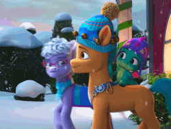Size: 1280x960 | Tagged: safe, edit, edited screencap, screencap, grandma figgy, hitch trailblazer, sparky sparkeroni, dragon, earth pony, pony, g5, my little pony: make your mark, my little pony: make your mark chapter 3, winter wishday, spoiler:g5, spoiler:winter wishday, animated, bells, bush, cheek kiss, clothes, cropped, cute, embarrassed, female, forehead kiss, forest, glasses, grandmother, hat, kissing, male, mare, outdoors, scarf, sheriff's badge, smooch, snow, snowfall, sparkybetes, stallion, tree, window, winter hat