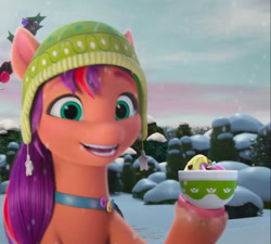 Size: 1493x1341 | Tagged: safe, screencap, sunny starscout, earth pony, pony, g5, my little pony: make your mark, my little pony: make your mark chapter 3, winter wishday, spoiler:g5, spoiler:winter wishday, bowl, bush, female, food, forest, happy, hat, mane stripe sunny, mare, outdoors, pudding, smiling, snow, snowfall, solo, toque, winter