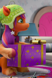 Size: 580x860 | Tagged: safe, screencap, sunny starscout, earth pony, pony, g5, my little pony: make your mark, my little pony: make your mark chapter 3, winter wishday, spoiler:g5, spoiler:winter wishday, cropped, female, mane stripe sunny, mare, present, sitting, solo