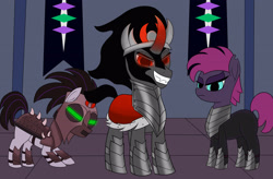 Size: 3301x2160 | Tagged: safe, artist:suryfromheaven, king sombra, oc, earth pony, pony, unicorn, the crystal empire 10th anniversary, g4, the crystal empire, angry, armor, armored pony, clothes, colored horn, curved horn, helmet, high res, horn, looking at you, mind control, slave, smiling, smiling at you, sombra horn, sombra soldier, staring at you, suit, worship