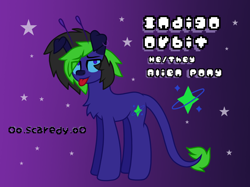 Size: 1600x1194 | Tagged: safe, artist:scarecrowkitty, oc, oc only, oc:indigo orbit, alien, alien pony, pony, antenna, chest fluff, cutie mark, dog ears, ear piercing, emo, eye clipping through hair, gradient background, looking at you, male, piercing, pronouns, reference sheet, signature, solo, starry background, tongue out