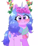 Size: 1691x2048 | Tagged: safe, artist:leo19969525, izzy moonbow, pony, unicorn, g5, blushing, clothes, cute, ears, ears up, female, floral head wreath, flower, flower in hair, hair, happy, horn, izzybetes, mane, mare, purple eyes, scarf, simple background, smiling, solo, tail, white background