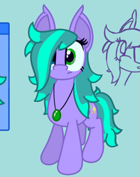 Size: 611x776 | Tagged: safe, artist:silvaqular, oc, oc only, oc:cyanette, earth pony, pony, blue background, cyan background, female, jewelry, looking at you, mare, necklace, purple, simple background, solo