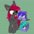 Size: 1911x1911 | Tagged: safe, artist:silvaqular, oc, oc only, oc:cyanette, oc:neon shift, oc:qular, bat pony, earth pony, pony, unicorn, bow, cartoon physics, cube, cube pony, female, hair bow, mare, purple, shape change, solo, tongue out