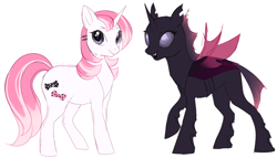 Size: 1264x724 | Tagged: safe, artist:serasugee, oc, oc:silky shimmer, changeling, pony, unicorn, adorable face, bowtie, changeling oc, cute, happy, holeless, joy, pink changeling wings, pink hair, pink mane, pretty, purple changeling, purple eyes, simple background, smiling, white background, white fur