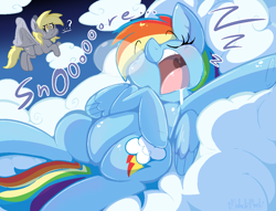 Size: 1108x846 | Tagged: safe, artist:malachimoet, derpy hooves, rainbow dash, pegasus, pony, g4, cloud, cute, derp, drool, duo, female, flying, frog (hoof), lying down, lying on a cloud, majestic as fuck, mare, on a cloud, on back, onomatopoeia, open mouth, question mark, saliva puddle, salivating, sleeping, sleepydash, slimy, snoring, snot bubble, sound effects, underhoof, uvula, volumetric mouth, zzz