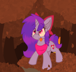 Size: 2052x1926 | Tagged: safe, artist:silvaqular, oc, oc only, oc:qular, pony, unicorn, autumn, bow, cute, female, forest, hair bow, leaves, looking up, mare, solo, tongue out, tree