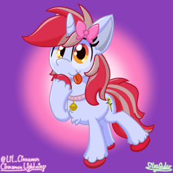 Size: 4000x4000 | Tagged: safe, artist:silvaqular, oc, oc only, oc:cinnamon lightning, pony, unicorn, bell, bell collar, bow, collar, cute, eyelashes, female, hair bow, mare, tongue out