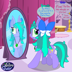 Size: 4000x4000 | Tagged: safe, artist:silvaqular, oc, oc only, oc:cyanette, earth pony, pony, boutique, bow, female, hair bow, jewelry, mare, mirror, necklace