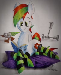 Size: 1658x2046 | Tagged: safe, artist:thecrimsonspark, oc, oc only, oc:ember sparks, amputee, artificial wings, augmented, book, clothes, cute, lying down, mechanical wing, reading, socks, solo, striped socks, traditional art, wings