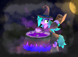 Size: 3000x2200 | Tagged: safe, artist:silvaqular, oc, oc only, oc:cyanette, earth pony, pony, book, cauldron, clothes, cute, fantasy class, female, fog, high res, mare, moon, night, solo, witch