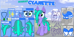 Size: 6000x2969 | Tagged: safe, artist:silvaqular, oc, oc only, oc:cyanette, earth pony, pony, bliss xp, bow, clothes, cutie mark, dress, female, hair bow, jewelry, looking at you, mare, microsoft windows, necklace, reference sheet, solo, windows xp