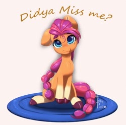 Size: 1200x1191 | Tagged: safe, artist:inkypuso, sunny starscout, earth pony, pony, g5, carpet, female, looking at you, mare, question, sitting, solo, text