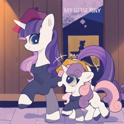 Size: 1600x1600 | Tagged: safe, artist:zhen8558, rarity, sweetie belle, pony, unicorn, beatnik, beret, clothes, cute, diasweetes, excited, eye clipping through hair, hamilton, hat, poster, smiling, sweater, talking