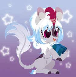 Size: 3000x3017 | Tagged: safe, artist:belka-sempai, oc, oc only, oc:windshear, kirin, cloven hooves, cute, gradient background, high res, open mouth, present, sitting, solo