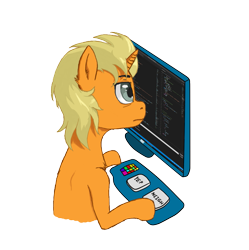 Size: 909x911 | Tagged: safe, artist:limonium, oc, oc only, oc:lim, pony, unicorn, blonde, computer, confused, male, programming, simple background, solo, transparent background
