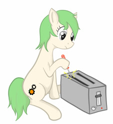 Size: 883x971 | Tagged: safe, artist:limonium, oc, oc only, oc:crispy waffle, earth pony, pony, alternate color palette, screwdriver, simple background, solo, toaster, white background